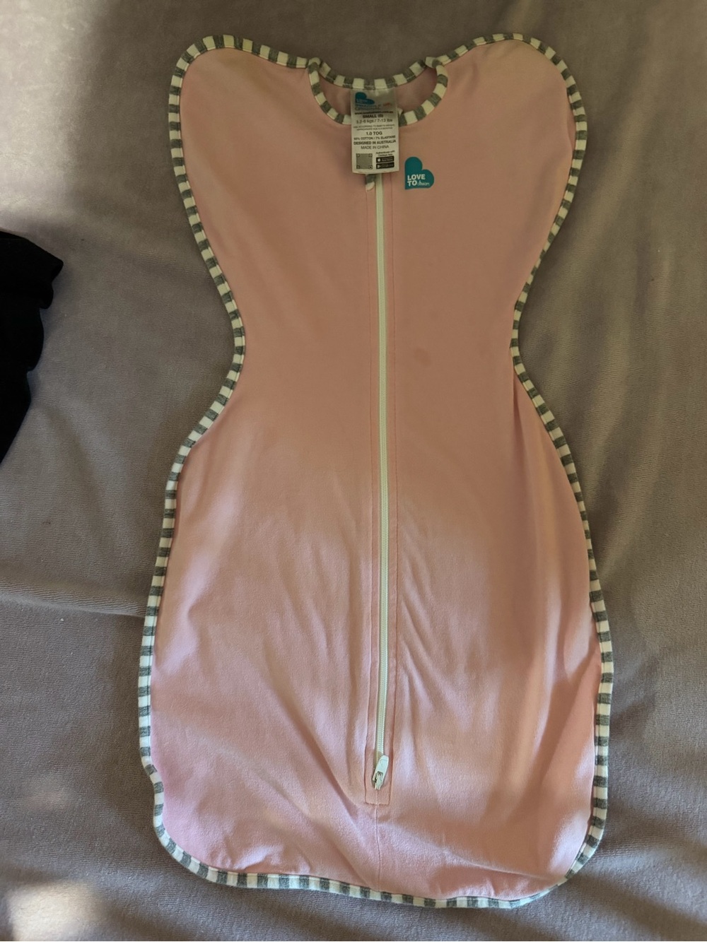 Love to Dream Pink Swaddle with Gray-Striped Trim Small